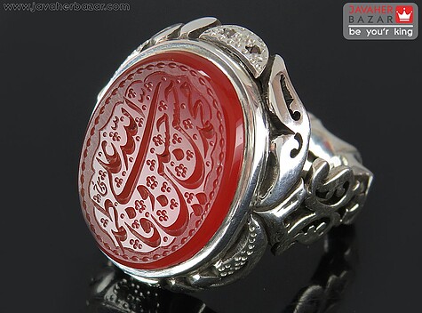 انگشتر نقره عقیق یمنی قرمز مردانه دست ساز با برلیان اصل [پنج تن] - 85161